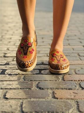 Hand Crafted Tan Moccasins with Pink & Green Floral Skull Embroidery